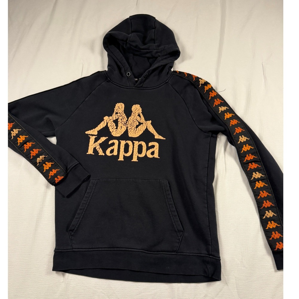 Kappa Mens Black Orange Tape Logo Pullover Hoodie Sweatshirt Medium Graphic
